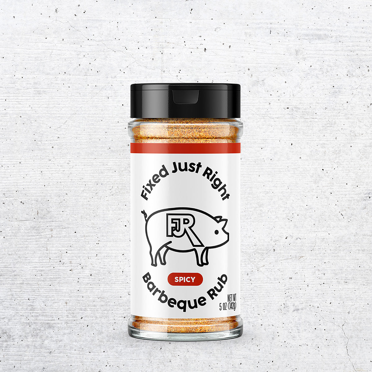 5oz shaker bottle of Fixed Just Right's Spicy Barbecue Rub, featuring the company logo with red accents.
