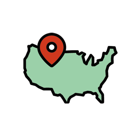 Icon: stylized illustration of a map of the United States, with a red location pin