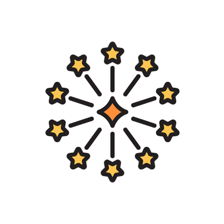 Icon: stylized illustration of a four-pointed star, with five-pointed stars in a circle around it