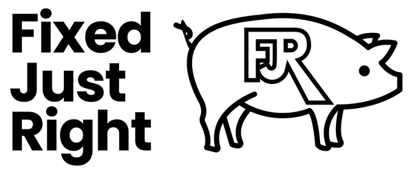 Company logo: the company name "Fixed Just Right" in black block letters, next to a stylized illustration of a pig with the letters "FJR" on its side