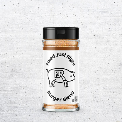 5oz shaker bottle of Fixed Just Right's Burger Blend, featuring the company logo with brown accents.