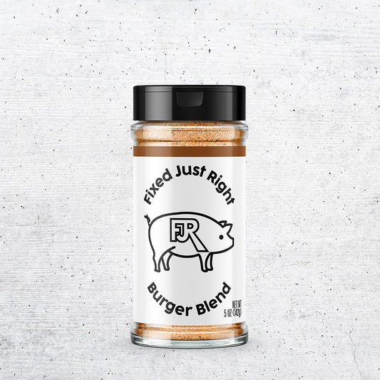 5oz shaker bottle of Fixed Just Right's Burger Blend, featuring the company logo with brown accents.
