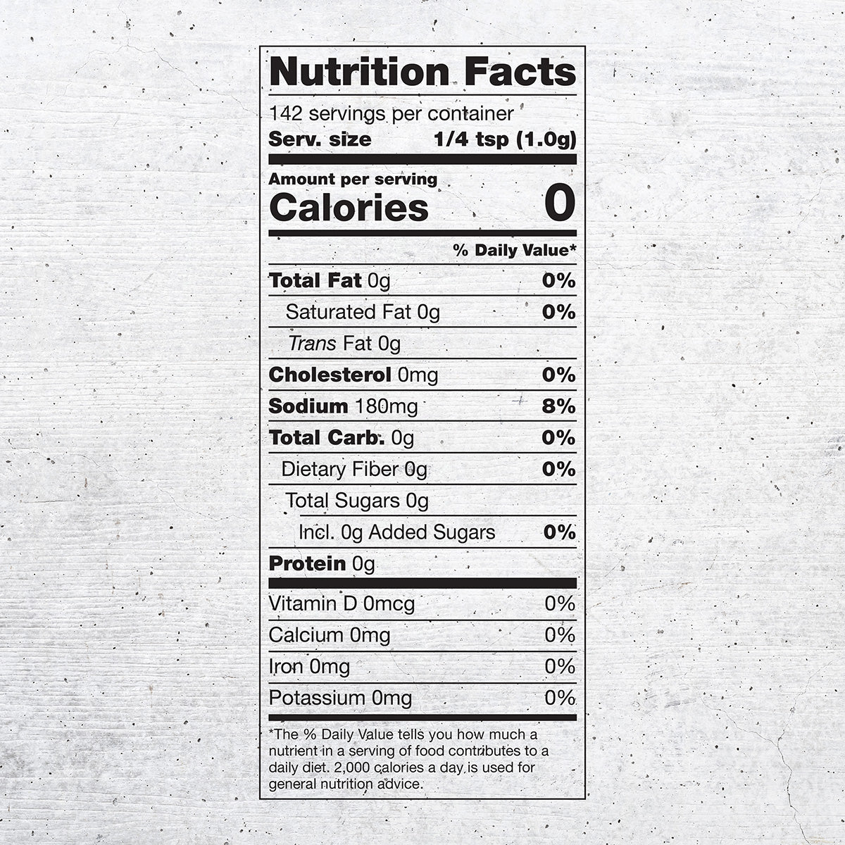 Nutrition panel for Fixed Just Right’s Burger Blend, 5oz:

Serving size: ¼ tsp (1.0g); 142 servings per container.
Total Calories: 0
Total Fat, 0g, 0% daily value.
Saturated Fat, 0g, 0% daily value.
Trans Fat, 0g.
Cholesterol, 0mg, 0% daily value.
Sodium, 180mg, 11% daily value.
Total Carb, 0g, 0% daily value.
Dietary Fiber, 0g, 0% daily value.
Total Sugars, 0g
Total Added Sugars, 0g, 0% daily value.
Protein 0g, 0% daily value.

Vitamin D, Calcium, Iron, Potassium, all 0mg and 0% daily value.
