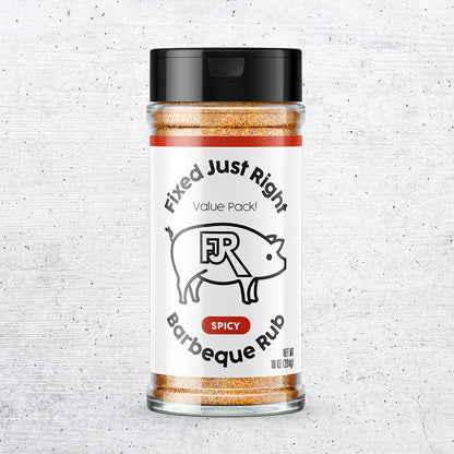 10oz shaker bottle of Fixed Just Right's Spicy Barbecue Rub, featuring the company logo with red accents.
