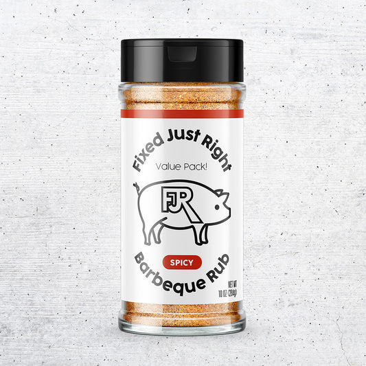 10oz shaker bottle of Fixed Just Right's Spicy Barbecue Rub, featuring the company logo with red accents.