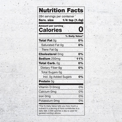 Nutrition panel for Fixed Just Right’s Spicy Barbeque Rub, 10oz:

Serving size: ¼ tsp (1.0g); 284 servings per container.
Total Calories: 0
Total Fat, 0g, 0% daily value.
Saturated Fat, 0g, 0% daily value.
Trans Fat, 0g.
Cholesterol, 0mg, 0% daily value.
Sodium, 250mg, 11% daily value.
Total Carb, 0g, 0% daily value.
Dietary Fiber, 0g, 0% daily value.
Total Sugars, 0g
Total Added Sugars, 0g, 0% daily value.
Protein 0g, 0% daily value.

Vitamin D, Calcium, Iron, Potassium, all 0mg and 0% daily value.