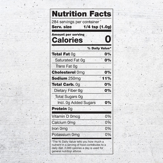 Nutrition panel for Fixed Just Right’s Spicy Barbeque Rub, 10oz:

Serving size: ¼ tsp (1.0g); 284 servings per container.
Total Calories: 0
Total Fat, 0g, 0% daily value.
Saturated Fat, 0g, 0% daily value.
Trans Fat, 0g.
Cholesterol, 0mg, 0% daily value.
Sodium, 250mg, 11% daily value.
Total Carb, 0g, 0% daily value.
Dietary Fiber, 0g, 0% daily value.
Total Sugars, 0g
Total Added Sugars, 0g, 0% daily value.
Protein 0g, 0% daily value.

Vitamin D, Calcium, Iron, Potassium, all 0mg and 0% daily value.