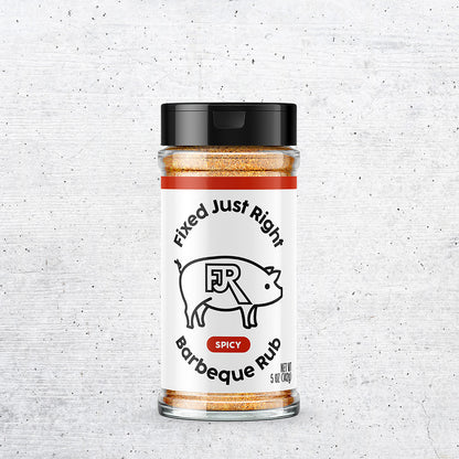 5oz shaker bottle of Fixed Just Right's Spicy Barbecue Rub, featuring the company logo with red accents.